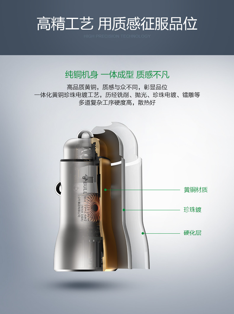 公牛/BULL 车载充电器 汽车点烟器式车充双USB智能快充头多功能一拖二