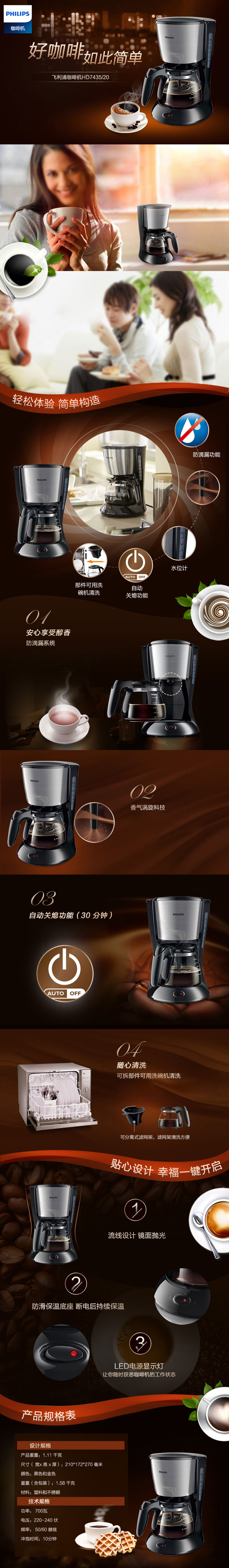 飞利浦/PHILIPS 咖啡机HD7435 家用滴漏式美式咖啡壶 不锈钢外壳 700瓦功率