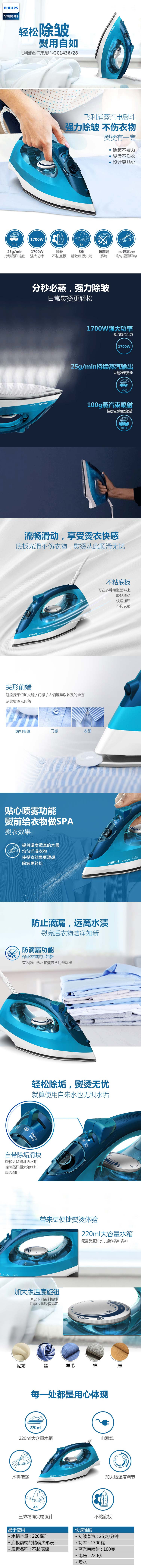 飞利浦/PHILIPS 电熨斗 家用大功率手持快速加热烫 除皱防水垢烫衣机 蓝色GC1436