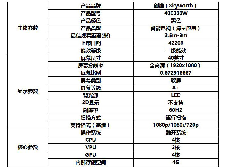 创维/SKYWORTH 40英寸十核智能酷开网络平板液晶电视40E3