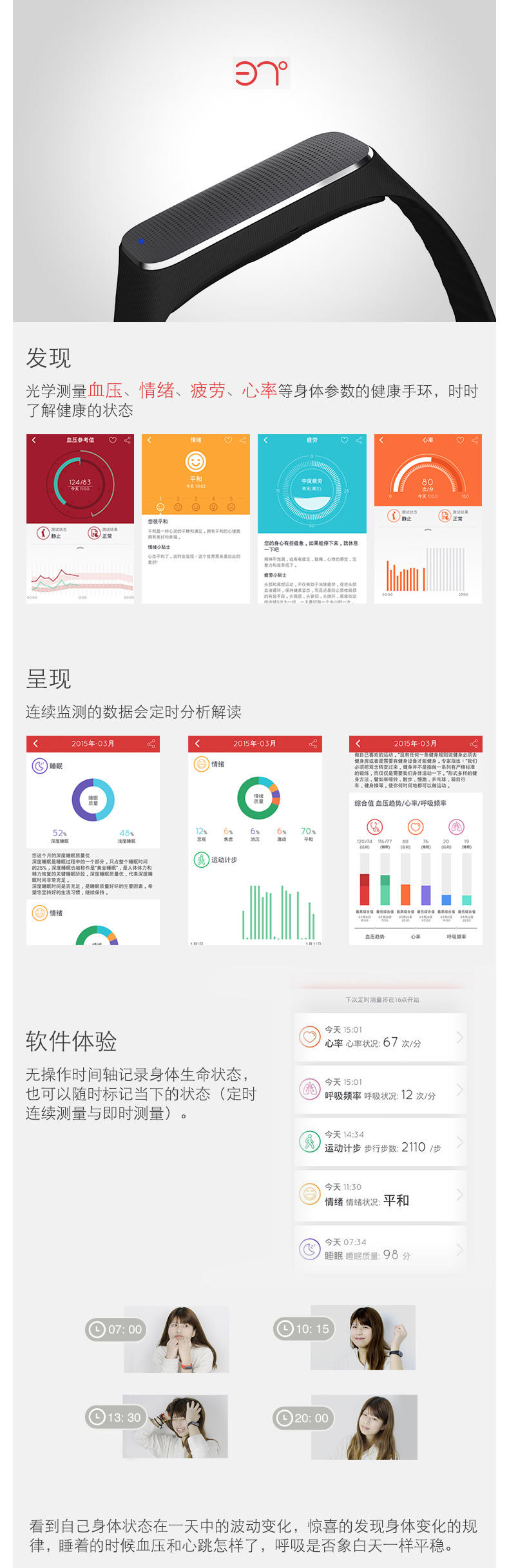 艾米娅 37度增强版ios健康智能手环测血压测心率疲劳手环睡眠监测智能手表