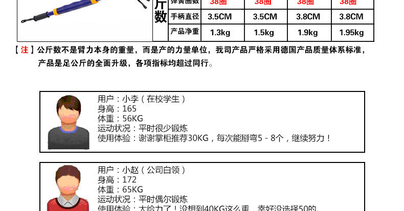 艾米娅 30kg40kg50kg60kg电镀臂力器胸肌训练健身器材臂力棒握力棒