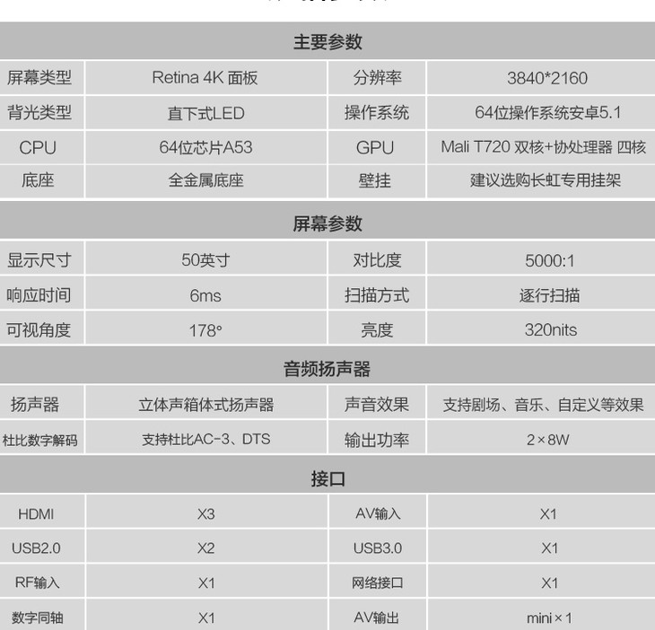 【可售全国】长虹（CHANGHONG）50U3C 50英寸双64位4K超高清智能LED平板电视