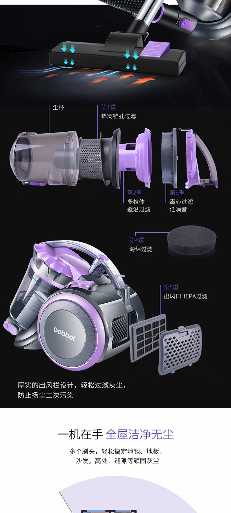 宝家丽 1200W多功能家用真空吸尘器 VC701  一键收线 硬软两用地刷一键切换