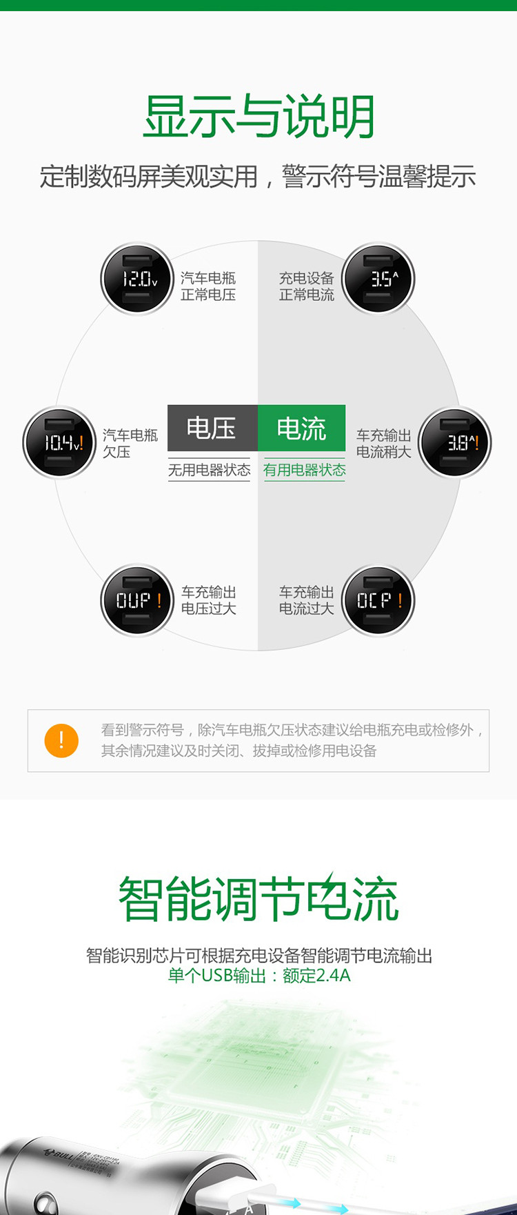 公牛BULL 金属材质一拖二双USB车载智能车充GNV-CD1180