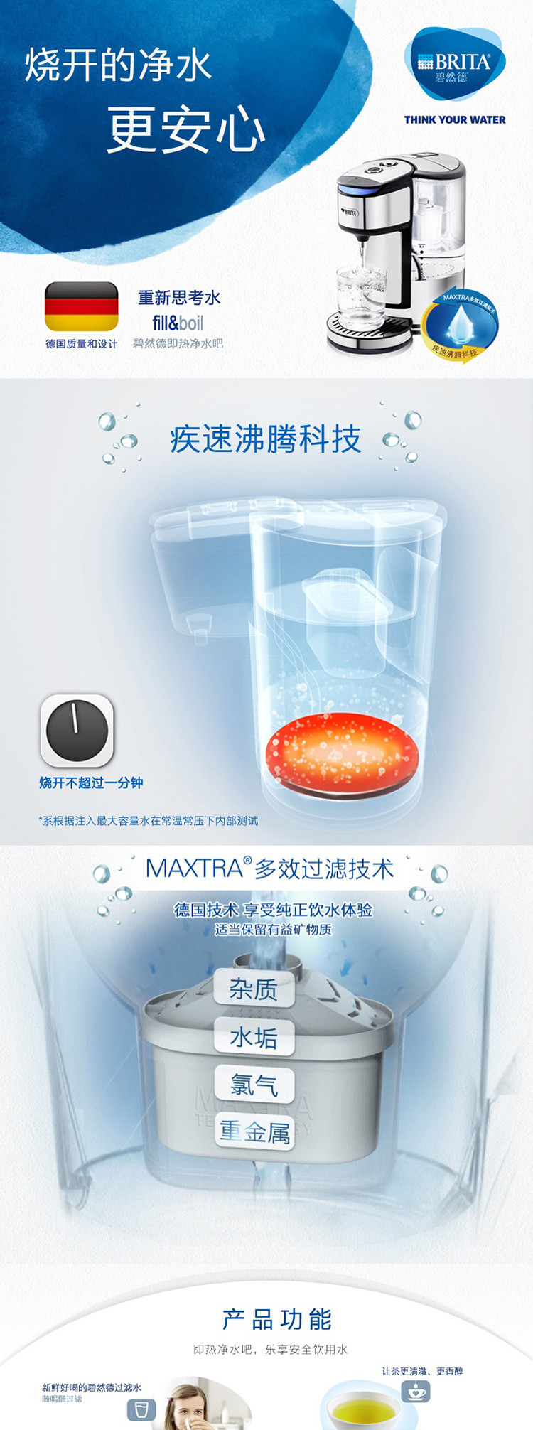 碧然德BRITA 电热过滤净水壶器1.8L 滤净水壶一滤芯 FB2020B1【畅销款】