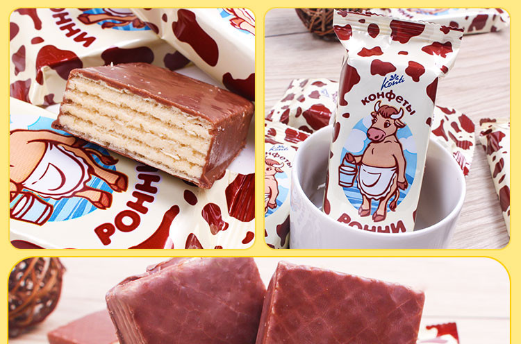 俄罗斯进口POHHN大奶牛巧克力夹心威化饼干六块装约250g 包邮