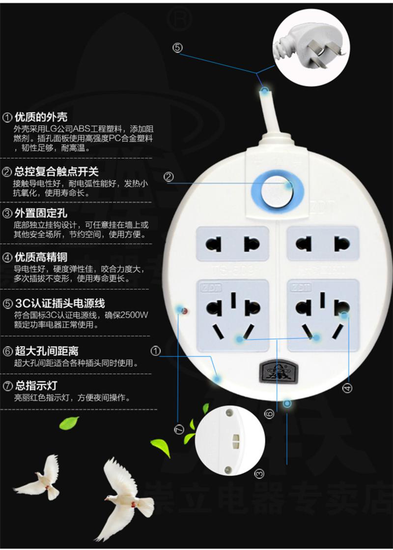 子弹头 总开关 插座 TS-509全长2.8米2500W4位孔圆插排