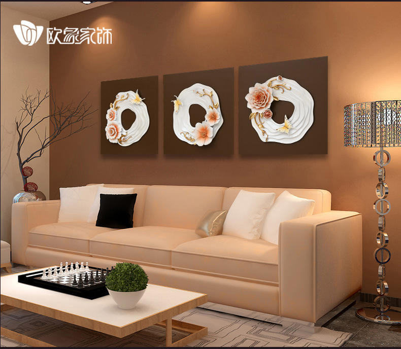欧象 浮雕画（花飞蝶舞）客厅装饰画 现代沙发背景墙三联画 3D无框画壁画挂画