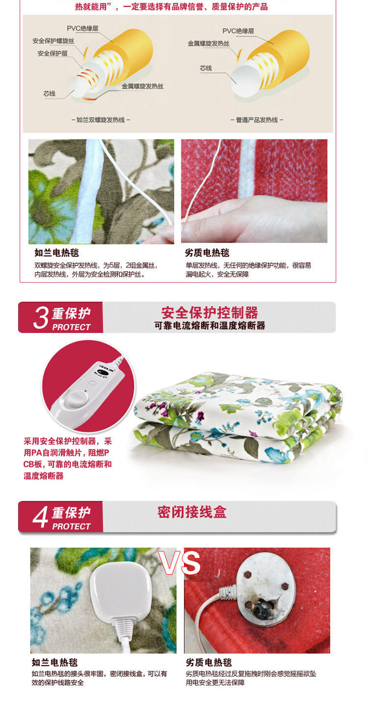 中国质造如兰全线路安全保护舒适绒双人电热毯（一键启动）86613  160*130 花型随机