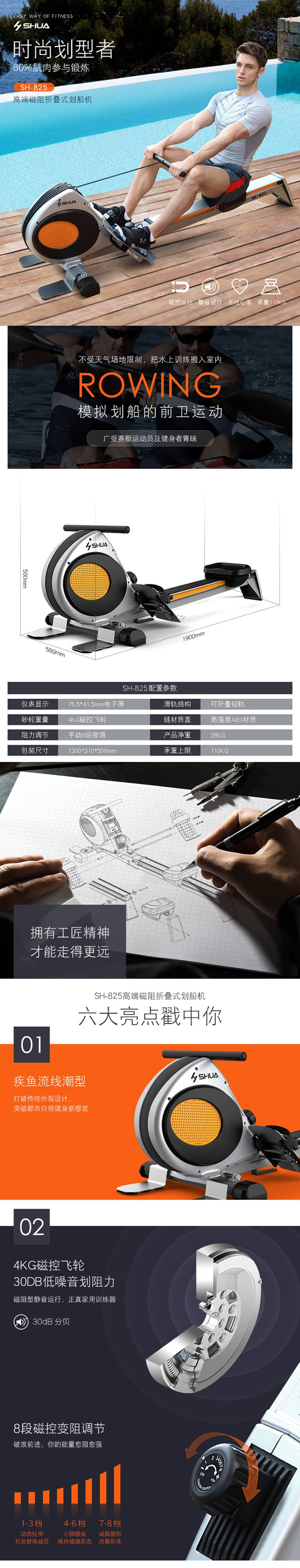 【仅限新乡地区销售】SHUA/舒华划船机家用静音折叠磁控阻划船器健身器材  SH-825