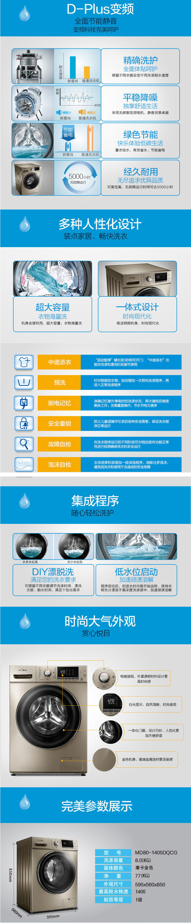 【仅限新乡地区销售】美的 滚筒洗衣机 MD80-1405DQCG 8kg大洗涤容量 新爱尚 烘干