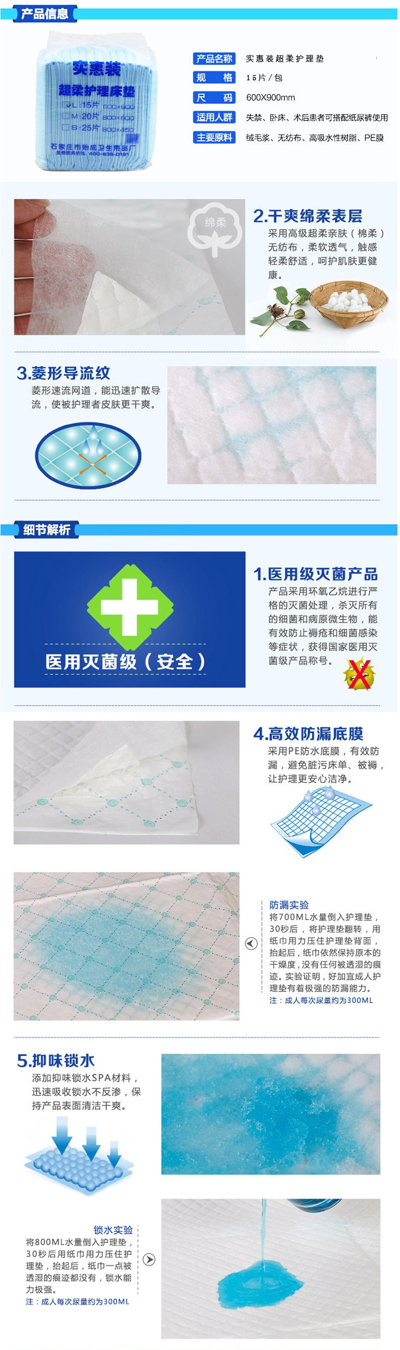 仁德孝15片实惠装L号超柔护理床垫(600*900mm/片) 产褥垫护理床垫 一次性床单 防水看护垫