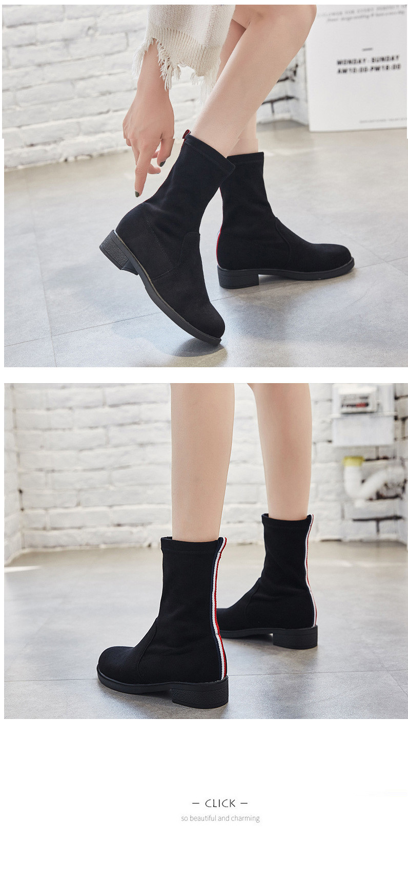 达妃欧中筒靴女新款韩版时尚弹力靴子黑色百搭圆头女鞋 809-8