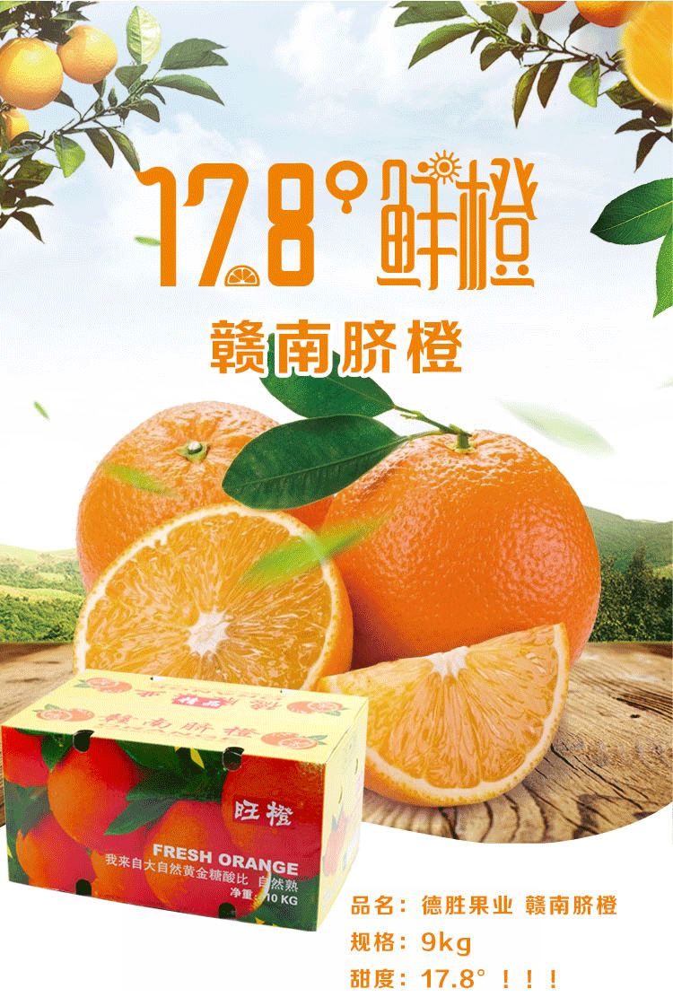 德胜果业 赣南脐橙 9KG（净重）甜橙子黄金糖酸比17.8橙礼盒装