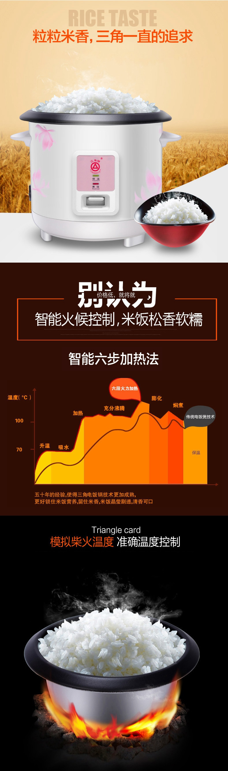 三角 花不粘直身电饭锅CFXB40-70B 电饭锅电饭煲4L家用带蒸笼不粘内胆