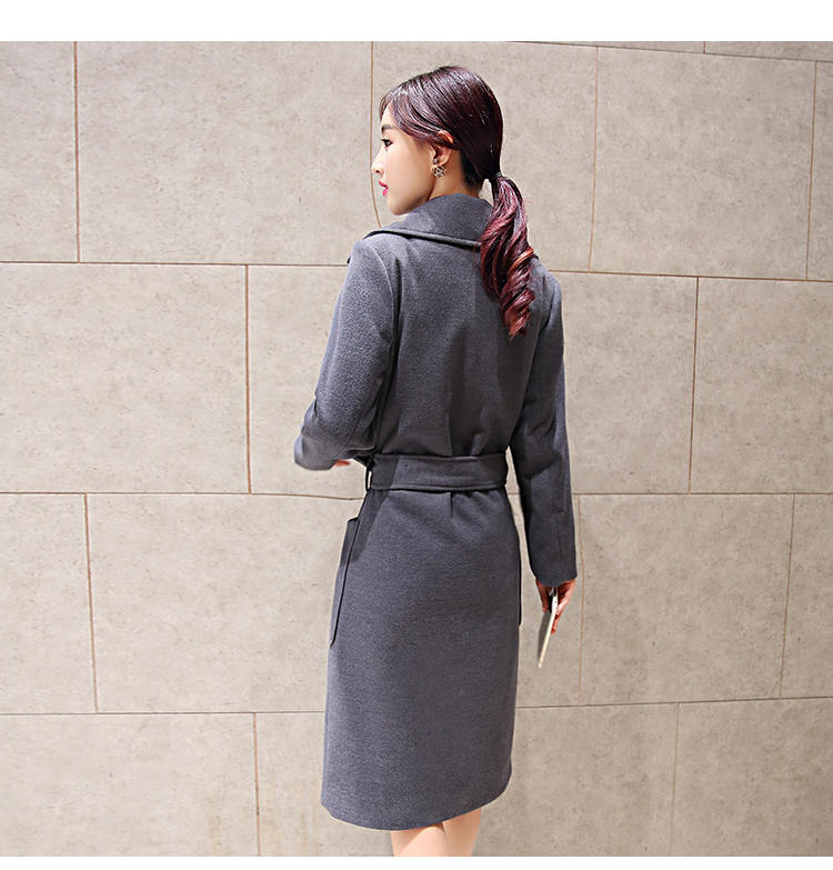 JEANE-SUNP2016冬装新款毛呢休闲韩版大衣外套长袖大牌显瘦系带中长款女潮