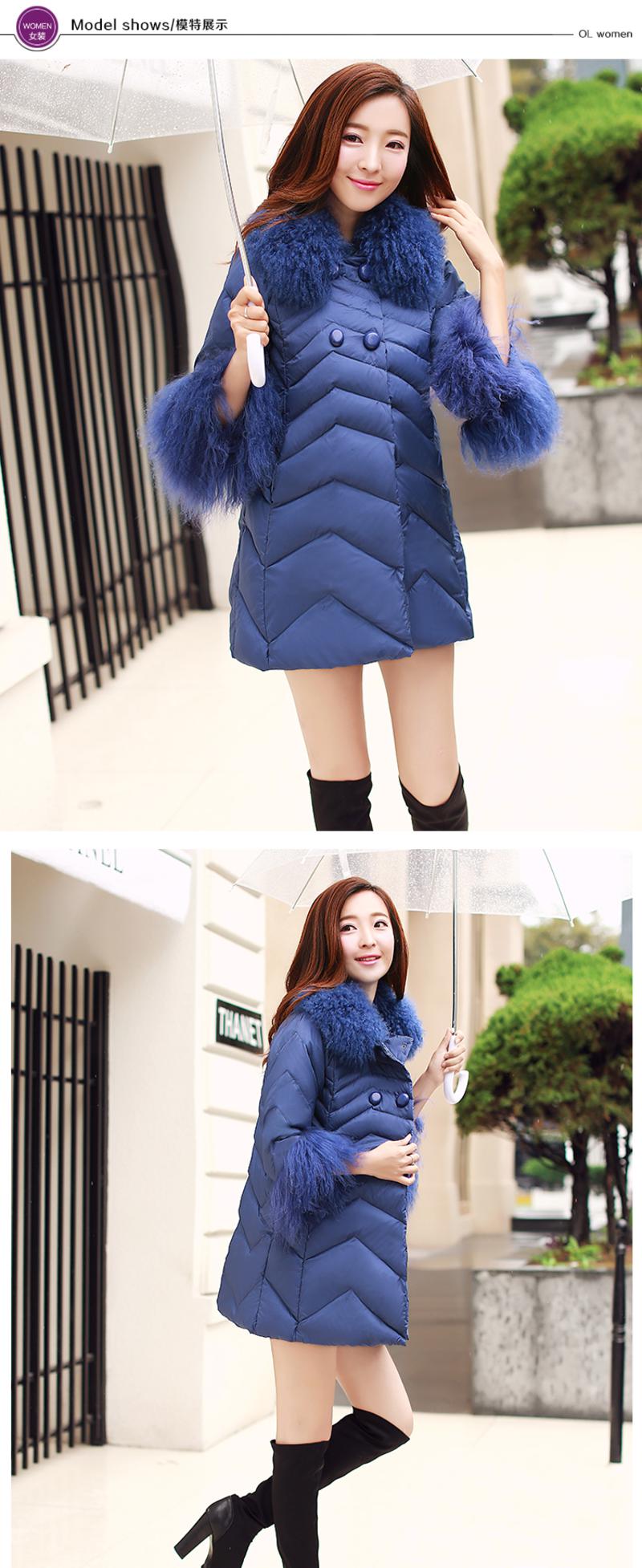 JEANE-SUNP2016冬装韩版修身加厚羽绒服滩羊毛领中长款七分袖羽绒衣女外套潮