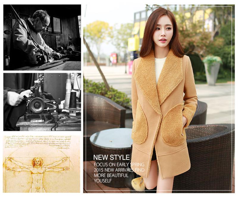 JEANE-SUNP冬季新款毛呢外套女 韩版修身中长款加厚羊羔毛拼接羊毛呢子大衣