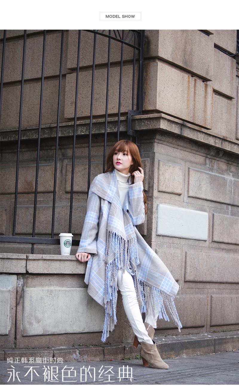 JEANE-SUNP2016冬韩版新款浅蓝色格子流苏系腰呢子大衣女格子中长款外套