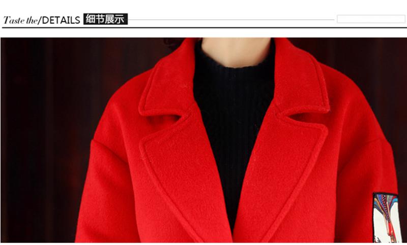 JEANE-SUNP2016新款韩版中长款尼大衣印花时尚贴布精美呢子大衣外套