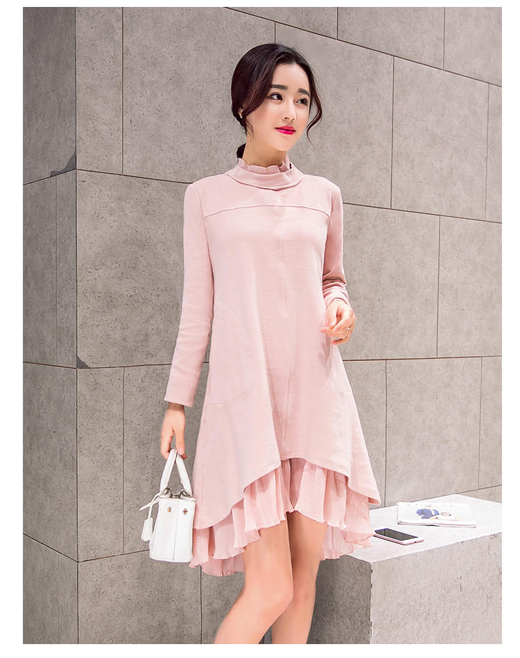 JEANE-SUNP2016秋冬新款甜美连衣裙荷叶边气质打底韩版半高领中长款时尚女