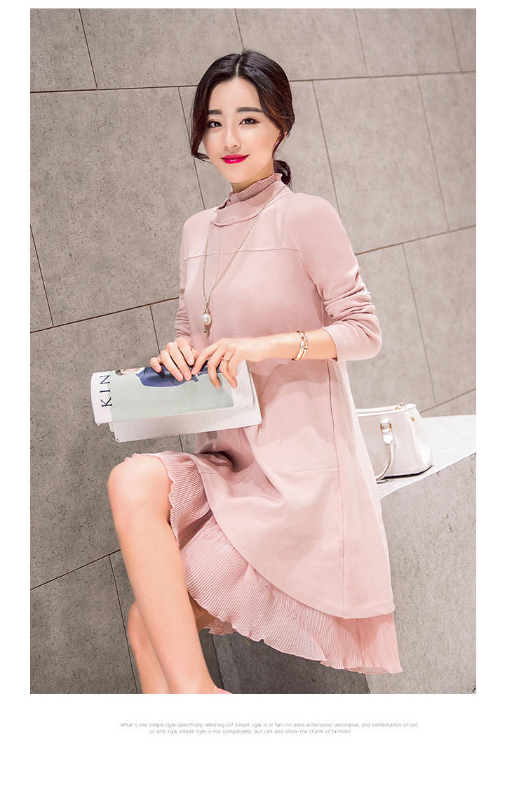 JEANE-SUNP2016秋冬新款甜美连衣裙荷叶边气质打底韩版半高领中长款时尚女