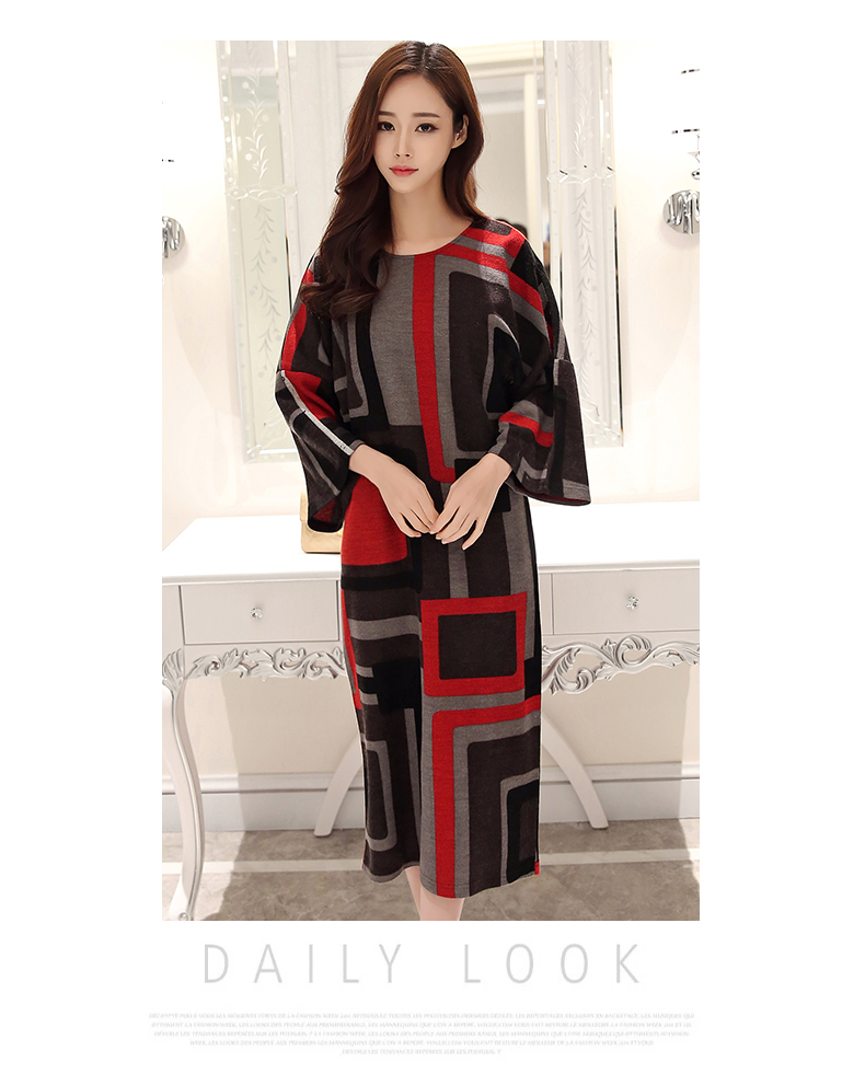JEANE-SUNP2016春装新款韩版修身女装蝙蝠袖连衣裙圆领长袖拼接中长款针织潮
