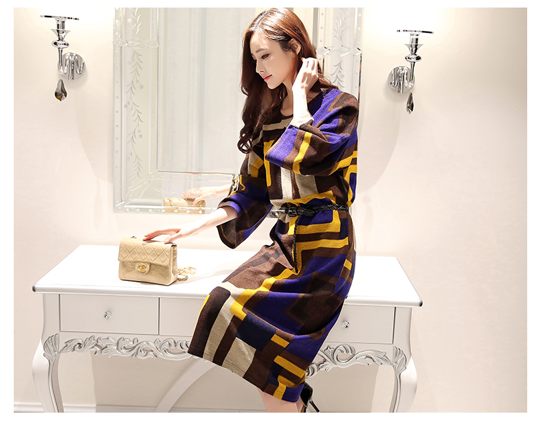 JEANE-SUNP2016春装新款韩版修身女装蝙蝠袖连衣裙圆领长袖拼接中长款针织潮
