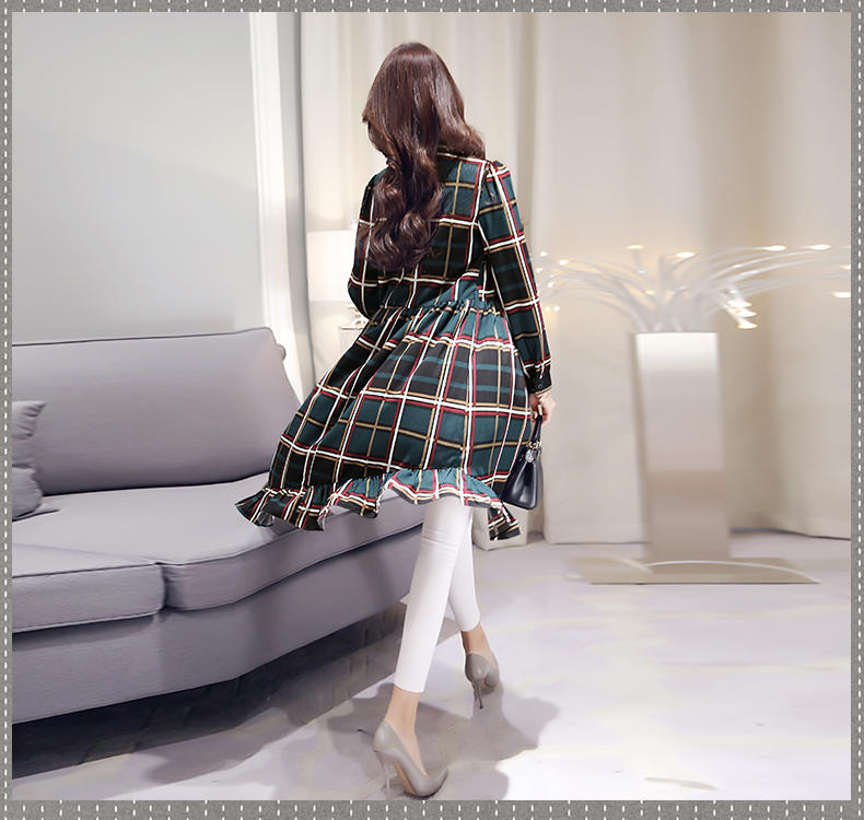 JEANE-SUNP2016秋季新款时尚女韩版经典格子款单排扣中长款优雅连衣裙