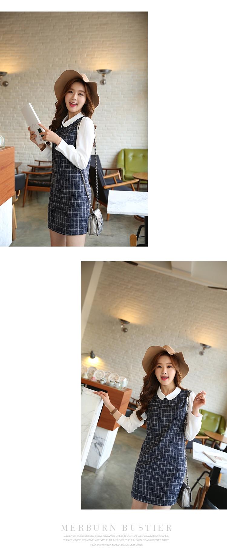 JEANE-SUNP2016春装新款韩版格子拼接长袖连衣裙娃娃领假两件套修身显瘦女潮
