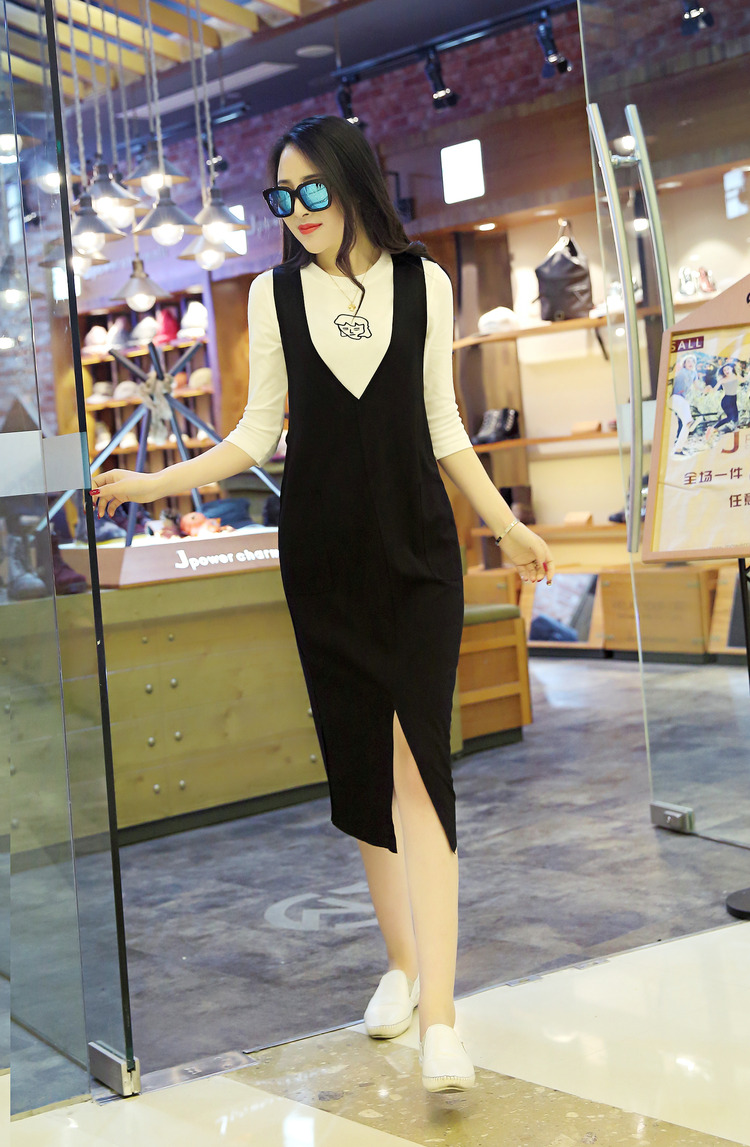 JEANE-SUNP2016年春季韩版时尚休闲连衣裙两件套经典条纹百搭款