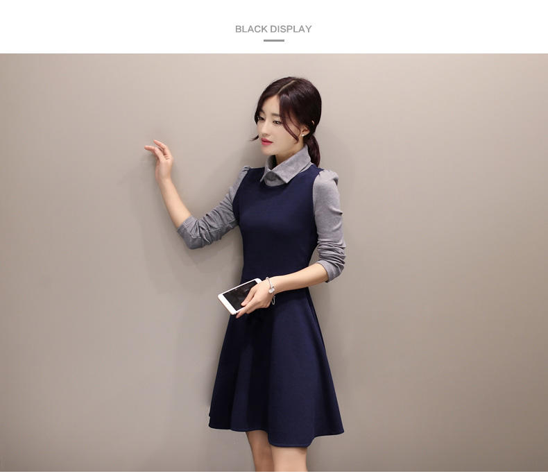 JEANE-SUNP2016新款秋冬韩版显瘦针织裙拼接假两件连衣裙长袖打底裙