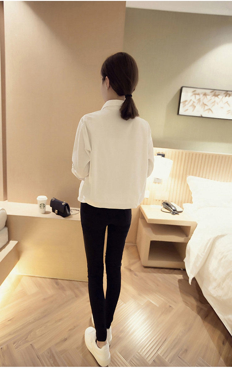 JEANE-SUNP2016春装新款刺绣翻领纯色宽松长袖衬衫女韩版显瘦单排扣百搭衬衣