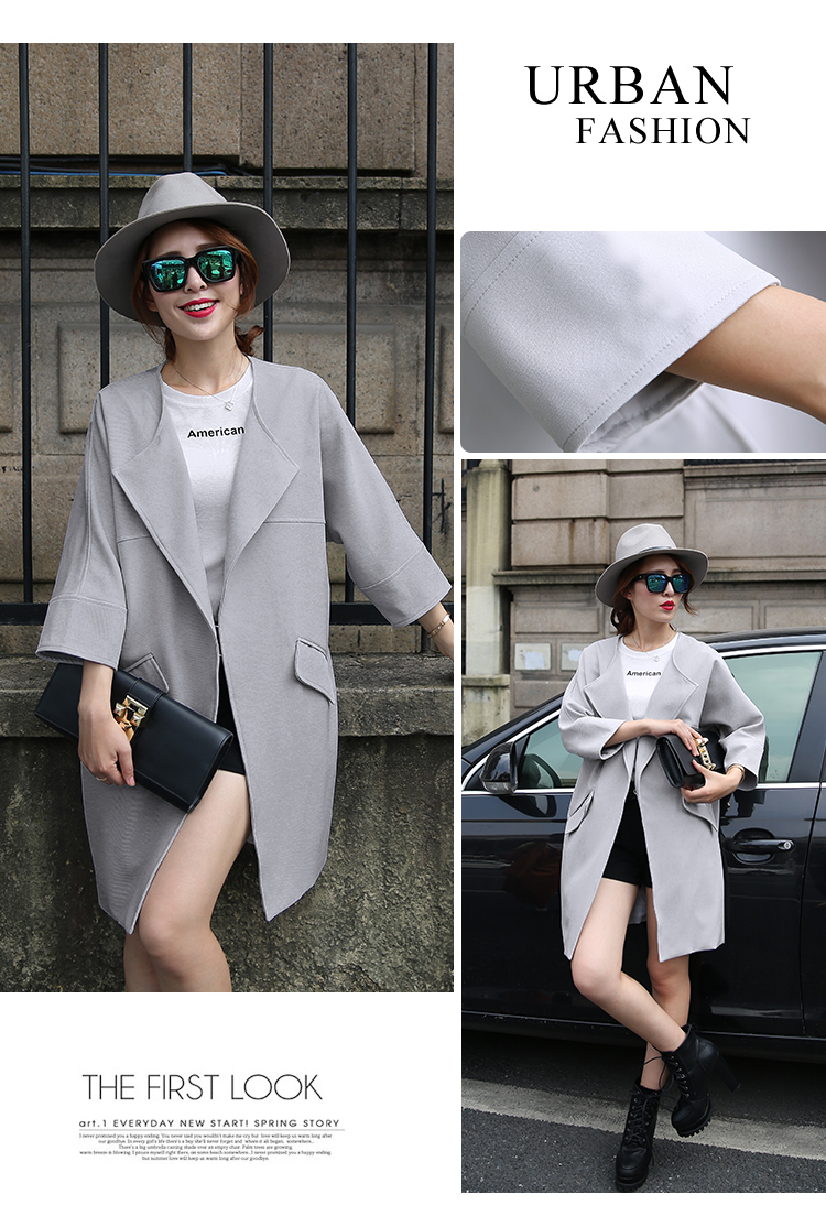JEANE-SUNP2016春装新款大码女装韩版七分袖薄款茧型无领风衣春秋中长款外套
