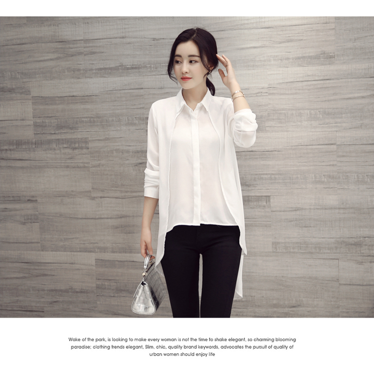 JEANE-SUNP2016新款春装韩版中长款不规则下摆衬衫纯色半开领时尚休闲女