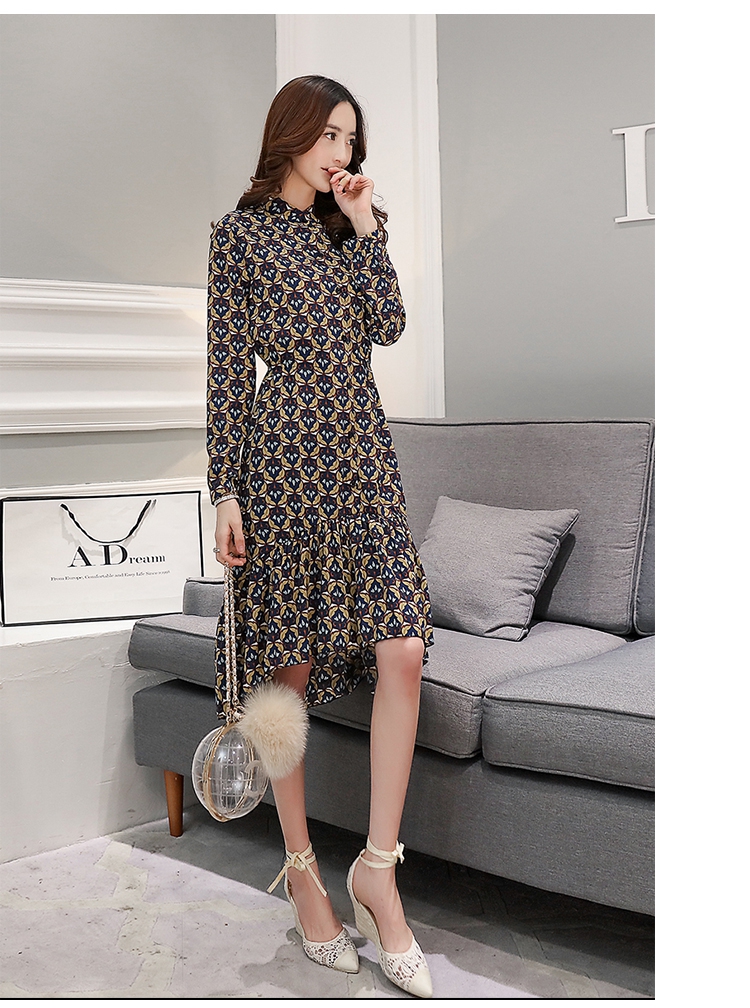 JEANE-SUNP2016新款韩版中长款连衣裙女松紧腰大码显瘦个性印花时尚打底衫潮