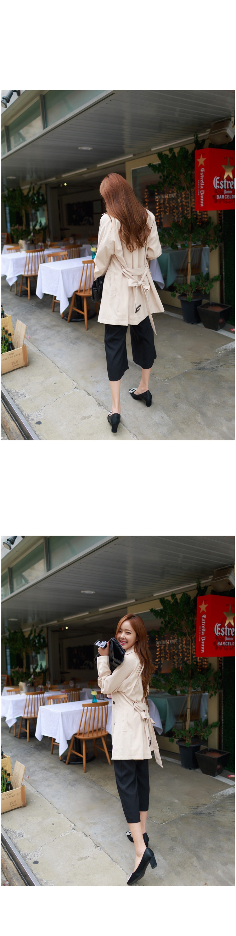JEANE-SUNP2016春装新款韩版职业女装时尚修身双排扣系带简约中长款风衣外套