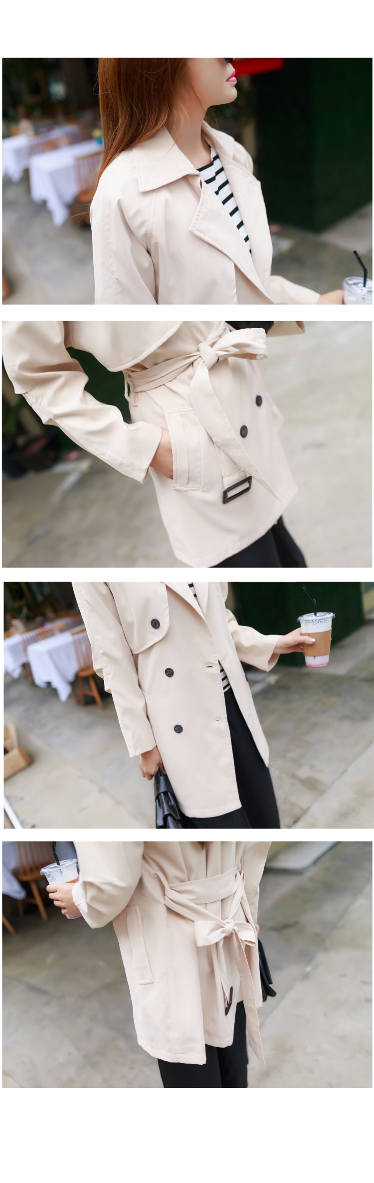 JEANE-SUNP2016春装新款韩版职业女装时尚修身双排扣系带简约中长款风衣外套