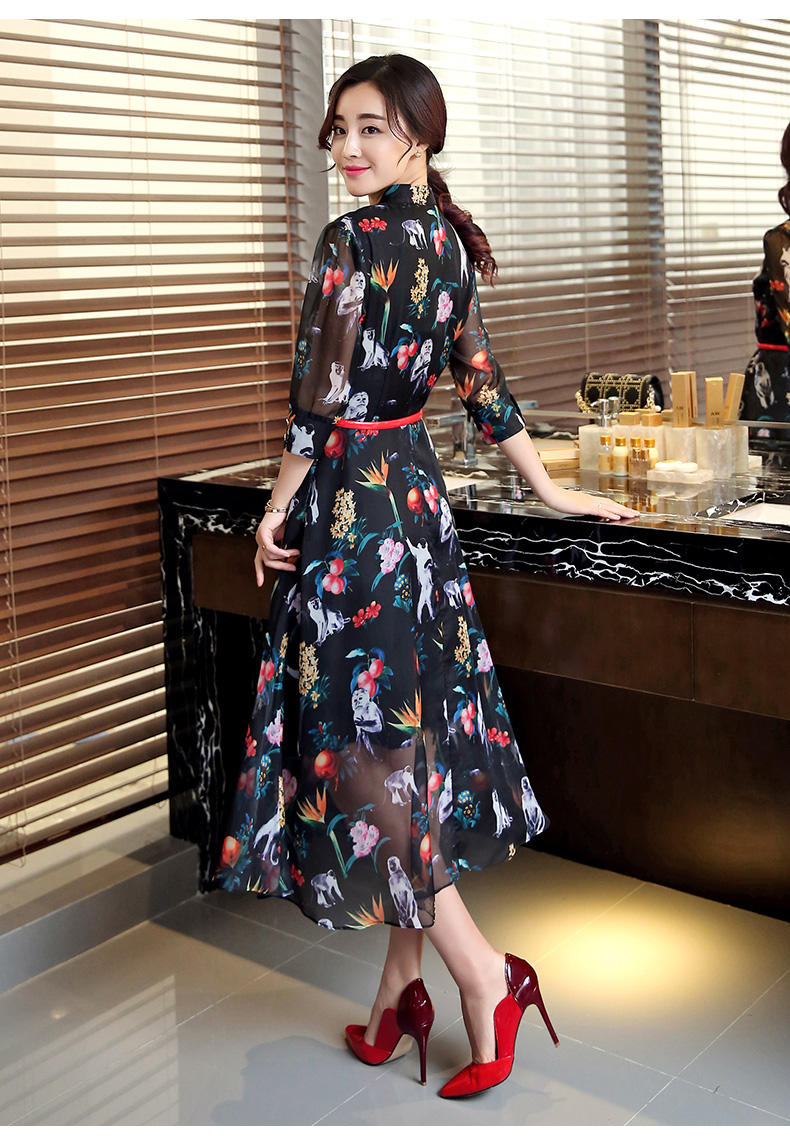 JEANE-SUNP2016春夏新品上市韩版时尚五分袖收腰超薄中长款裙女装