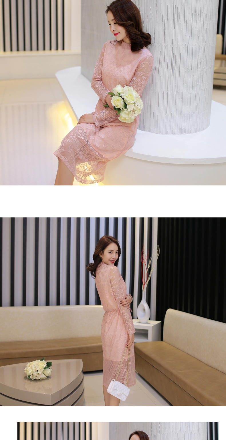 JEANE-SUNP2016春新款女 韩版清新蕾丝连衣裙修身显瘦纯色仙气性感透视长裙