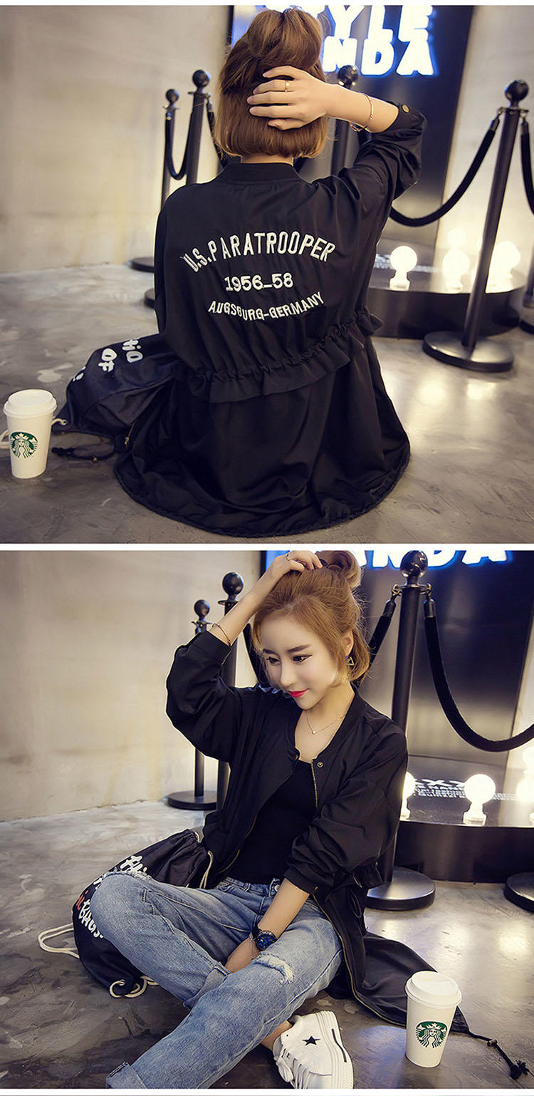 JEANE-SUNP2016韩版时尚字母印花休闲中长款收腰棒球服风衣外套