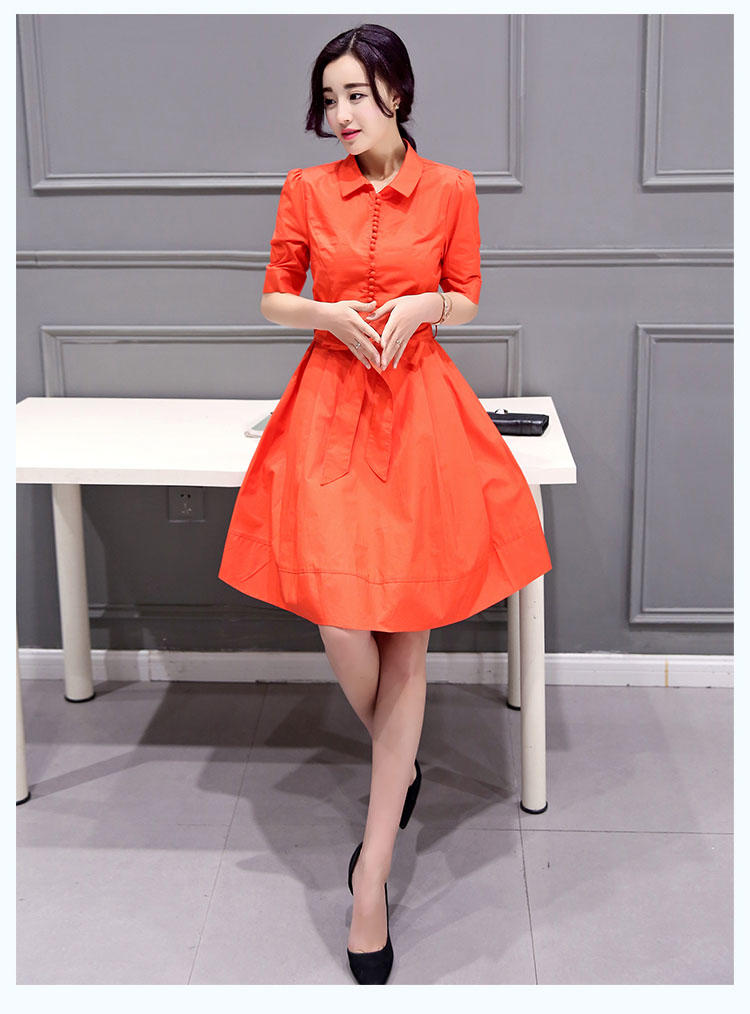 JEANE-SUNP2016新款夏韩版女装翻领纯色中长款裙收腰显瘦春装连衣裙学生裙子
