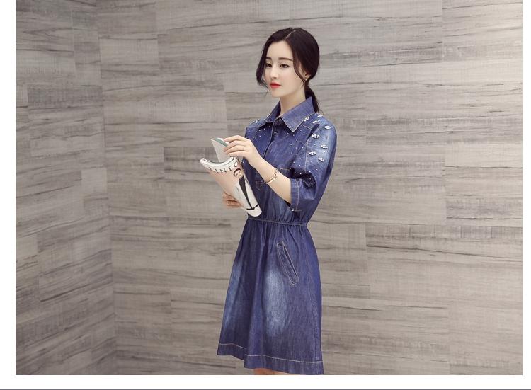 JEANE-SUNP2016新款夏装韩版polo领五分袖镶钻钉珠牛仔裙收腰显瘦牛仔连衣裙