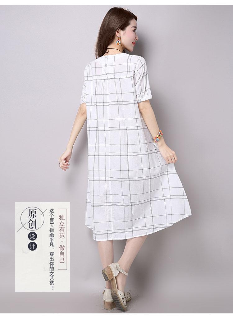  JEANE-SUNP2016年夏季格子复古简约短袖中长款圆领连衣裙