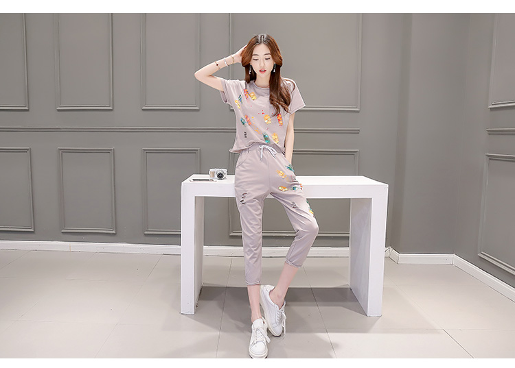 JEANE-SUNP2016年夏季新款潮流韩版印花圆领修身显瘦短袖T恤印花九分裤两件套