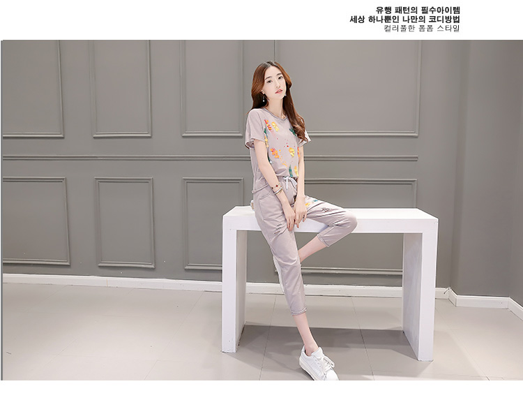 JEANE-SUNP2016年夏季新款潮流韩版印花圆领修身显瘦短袖T恤印花九分裤两件套