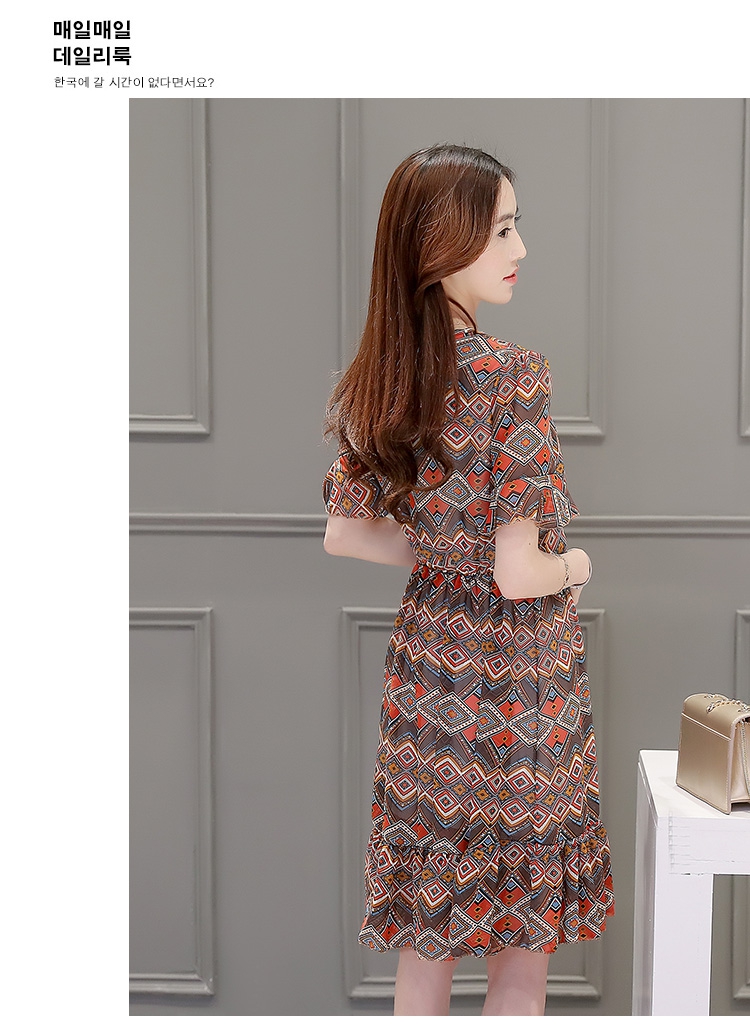 JEANE-SUNP2016年夏季新款潮流韩版V领短袖修身显瘦中长款印花连衣裙