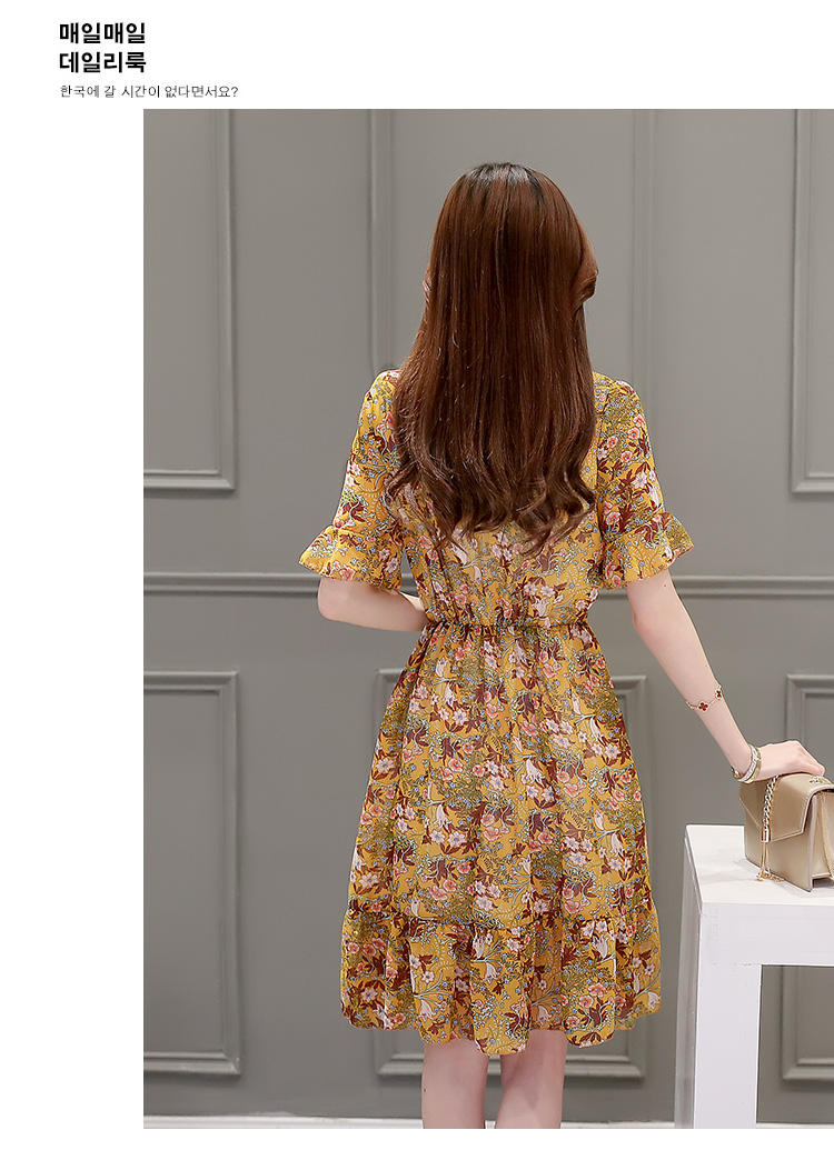 JEANE-SUNP2016年夏季新款潮流韩版印花V领修身显瘦中长款短袖中长款连衣裙