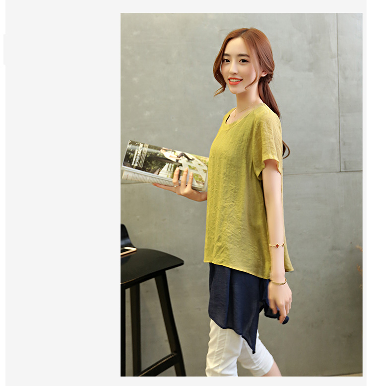 JEANE-SUNP2016人气韩版夏季修身圆领素色连衣裙假两件甜美中长款短袖